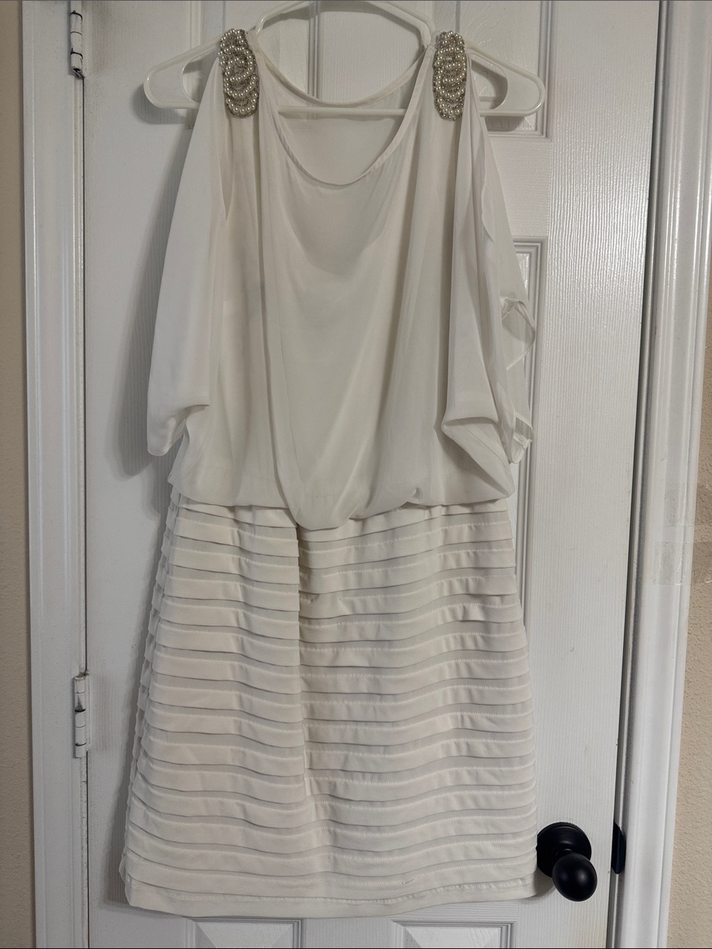 Dress Barn Ivory Beaded Shoulder Blouson Mini Dress